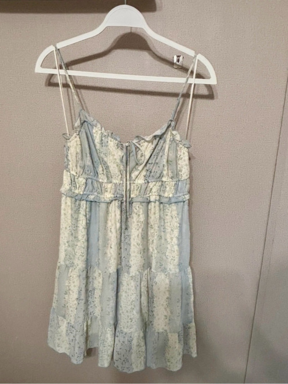 Light Blue & Cream Floral Lace-Trim Slip Dress with Tie Front